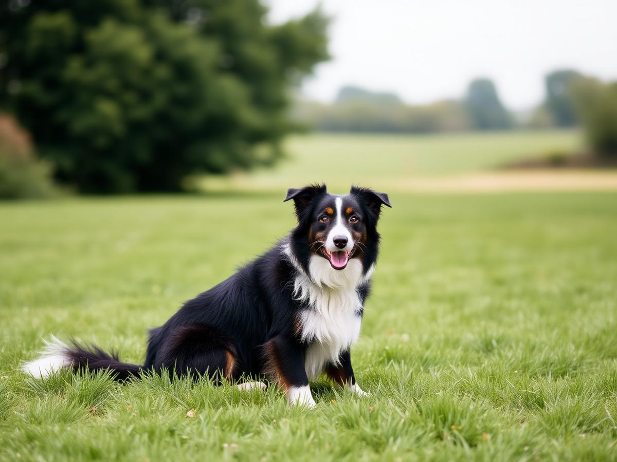 An adolescent Border Collie doing a focused sit on green grass